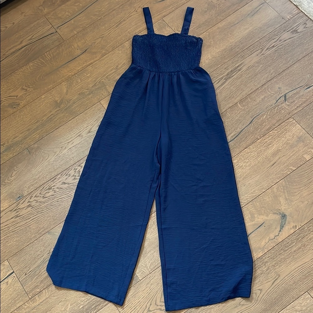Women’s Small Navy Blue Wide Leg Jumpsuit Romper Wide Strap Lightweight - Picture 2 of 6